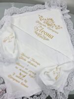 Купити іменну крижму для хрещення Леона, крижма з золотою вишивкою, мереживом та молитвою