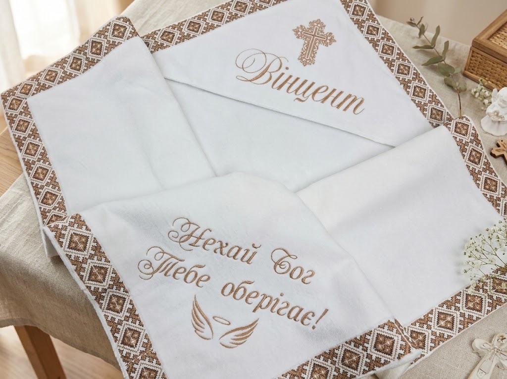 d3b2b358-84d8-4bc6-a87a-11d90856e9a6 Біла крижма іменна Вінцент з велюрової махри та золотою вишивкою від ТМ Янголятко.