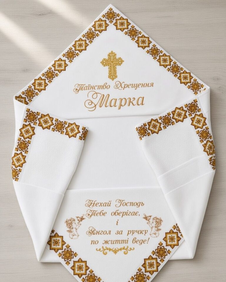 Біла іменна крижма для хрещення хлопчика Марка з золотим українським орнаментом, вишивкою «Таїнство Хрещення» та молитвою від ТМ Янголятко