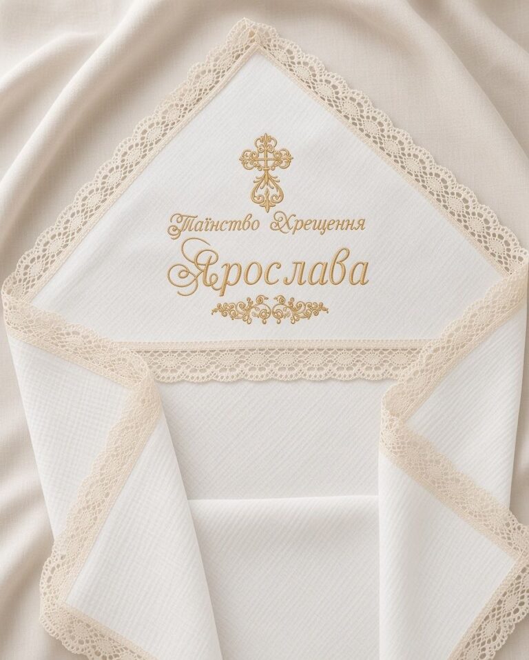 Біла іменна крижма для хрещення дівчинки Ярослави з золотою вишивкою та мереживом від ТМ Янголятко 1