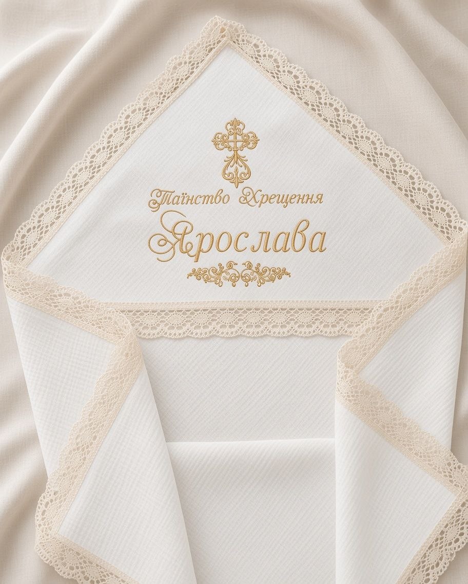 Іменна крижма Ярослава з вишивкою «Таїнство Хрещення» Біла іменна крижма для хрещення дівчинки Ярослави з золотою вишивкою та мереживом від ТМ Янголятко 1